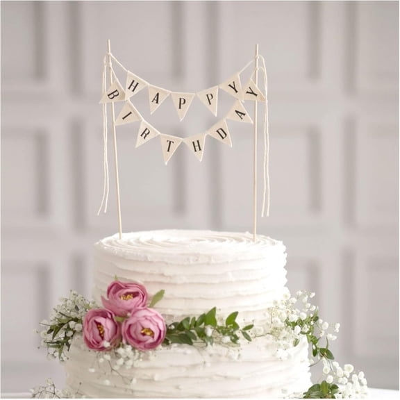 Pekkaxy Happy Birthday Cake Bunting Topper Cake Topper Garland, Handmade Pennant Flags with Wood Pole Ivory (Without Pink Rose)