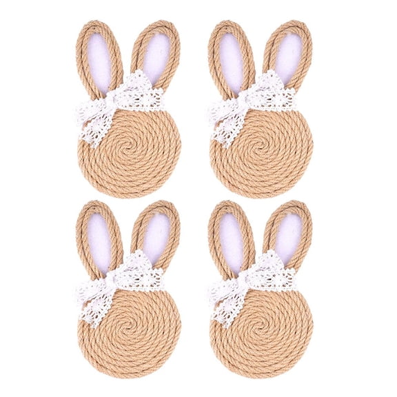 Pekkaxy Jute Rope Rabbit Coasters, 4.1 x 7.1 Inch Set of 4, Protects Furniture from Drink Rings, Perfect for Spring Decor and Table Settings