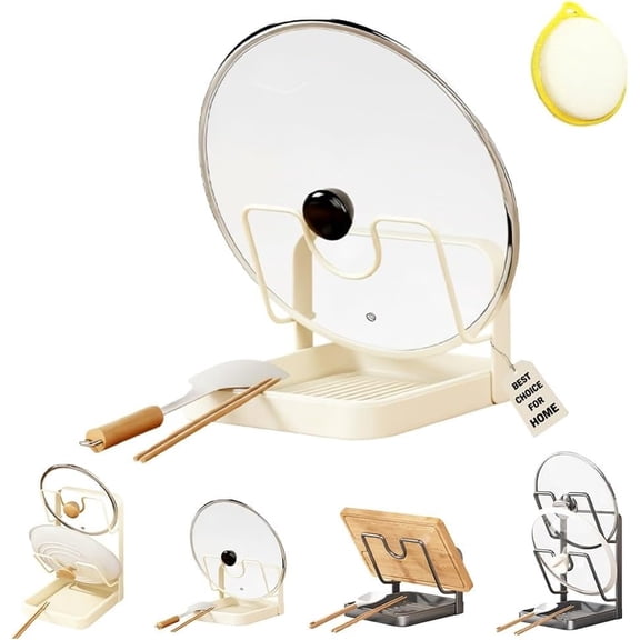 Pekkaxy Kitchen Pot Lid Storage Rack, Multifunctional Stainless Steel Pot and Pan Organizer with Removable Drip Tray, Two-Compartment Spatula Holder for Counter Stove Top Kitchen Accessories