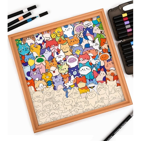 Pekkaxy Little Kitties - Wooden Coloring Puzzle, Puzzle/Drawing/Frame - 3in1 Multi-Functional DIY Wooden Coloring Puzzles, HD Printed Pattern, Smooth and Seamless Joints, Natural Wood Grain (No Pens)