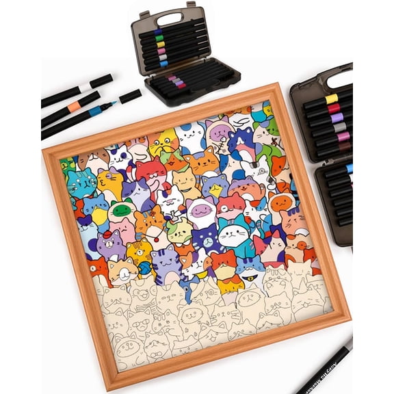 Pekkaxy Little Kitties - Wooden Coloring Puzzle, Puzzle/Drawing/Frame - 3in1 Multi-Functional DIY Wooden Coloring Puzzles, HD Printed Pattern, Smooth and Seamless Joints, Natural Wood Grain (No Pens)