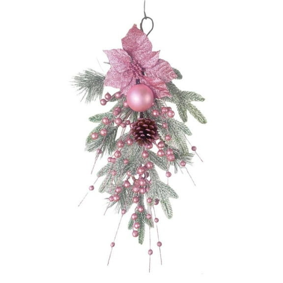 Pekkaxy Pink Christmas Wreath with Ornaments, Frosted White Winter Wreath for Holiday Decor