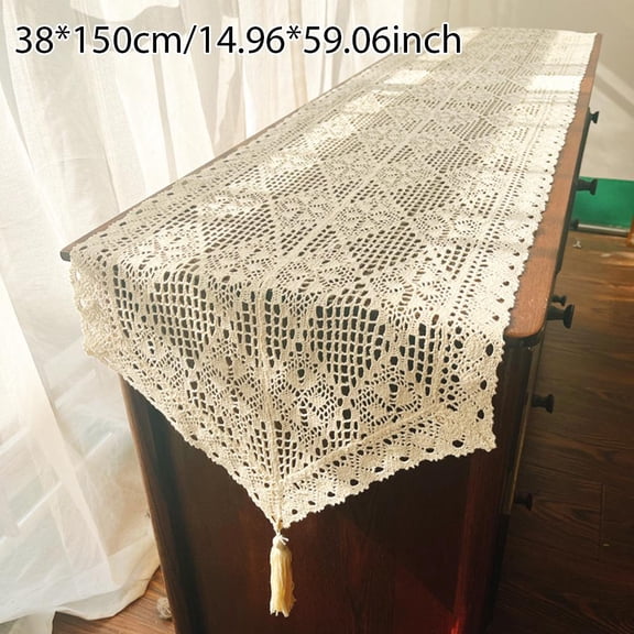 Pekkaxy Pure Cotton Crocheted Table Runner, 15x59 in, Soft Hand-Crocheted Texture, Adds Rustic Charm to Your Dining Table or Coffee Table