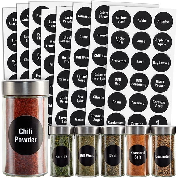 Pekkaxy Spice Label Stickers - 144 Round 1.5-inch Waterproof Vinyl Stickers - Pre-printed chalkboard style labels for glass spice jars and condiment containers - pantry storage