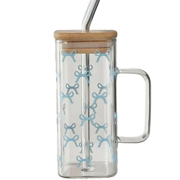 Pekkaxy Square Heat-Resistant Glass Cup, 13.5 oz Capacity with Bamboo Lid, Microwave and Dishwasher Safe for Hot Beverages, Ideal for Office, School, or Home Use