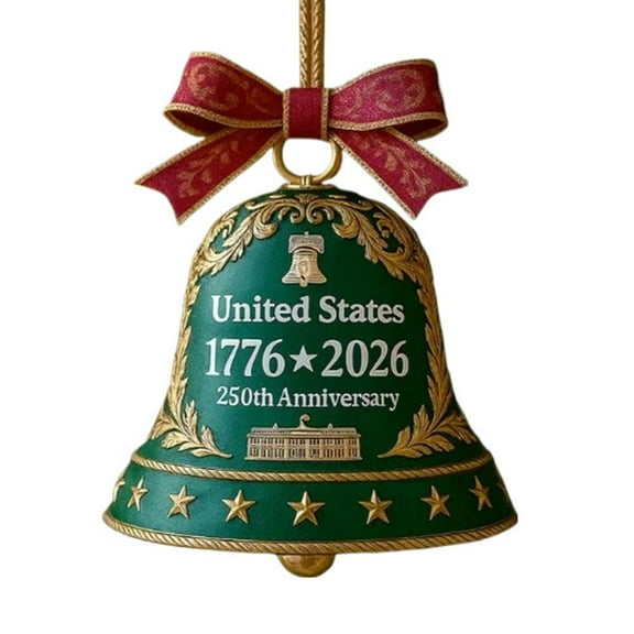 Pekkaxy USA 250th Anniversary Bell Ornament, Red and Gold Enamel Commemorative Christmas Tree Decoration
