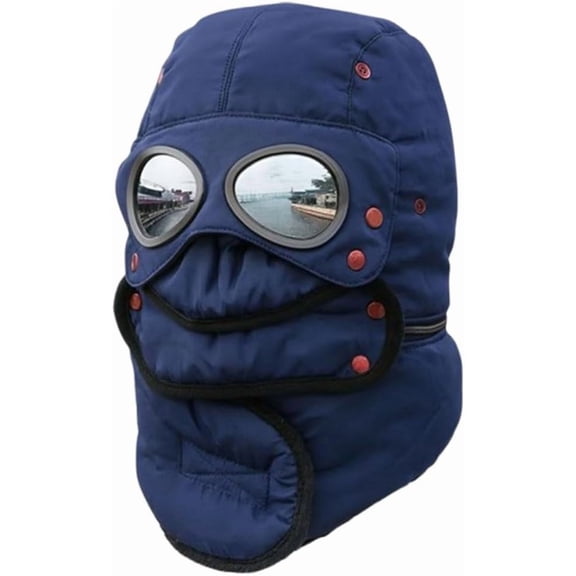 Pekkaxy Winter Thermal Hat with Glasses Windproof Ski Mask Cap Fur Lined Trapper Pilot Hat Outdoor Fur Snow Hats for Men Women