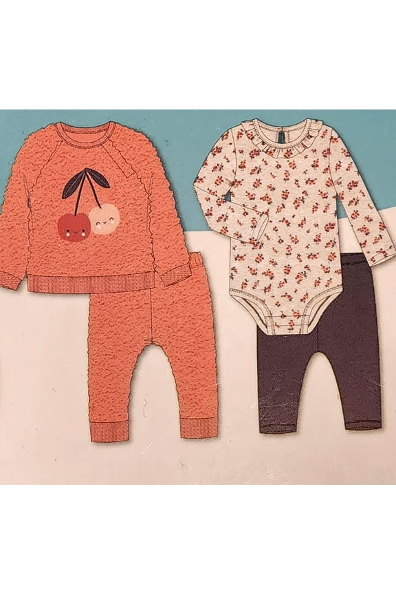 Baby Girls 4Pc Plush Top with Long Sleeve Bodysuits and Pants Set (Pink/Cherry, 9M)
