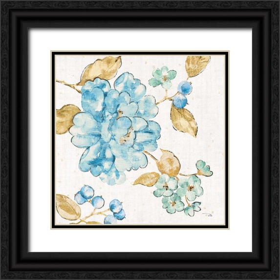 Pela 26x26 Black Ornate Wood Framed with Double Matting Museum Art Print Titled - Blue Blossom II