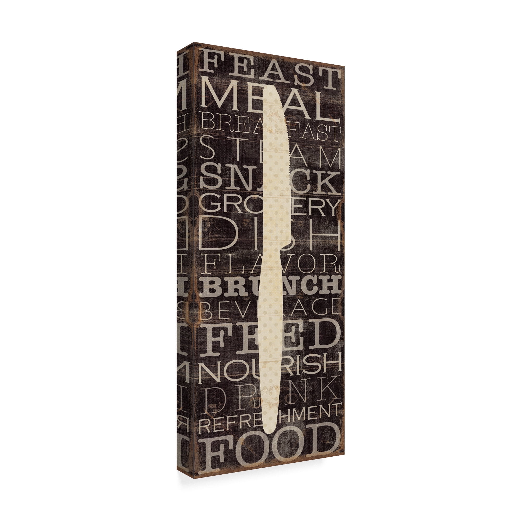 Cream Polka Dot Knife on Black Canvas Kitchen Art 24'' x 10''