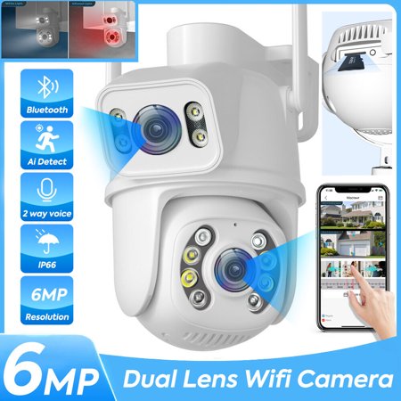 Pelaby 6MP Wireless WIFI Security IP Camera Outdoor Waterproof Home Cam Auto Tracking, Dual Lens Screen Ai Human Detect Outdoor Waterproof Surveillance Camera Security PTZ