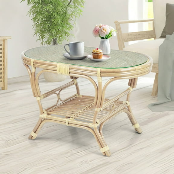 Pelangi Coffee Oval Table w/ Glass Top Natural Rattan Wicker ECO Handmade Design, Natural Color