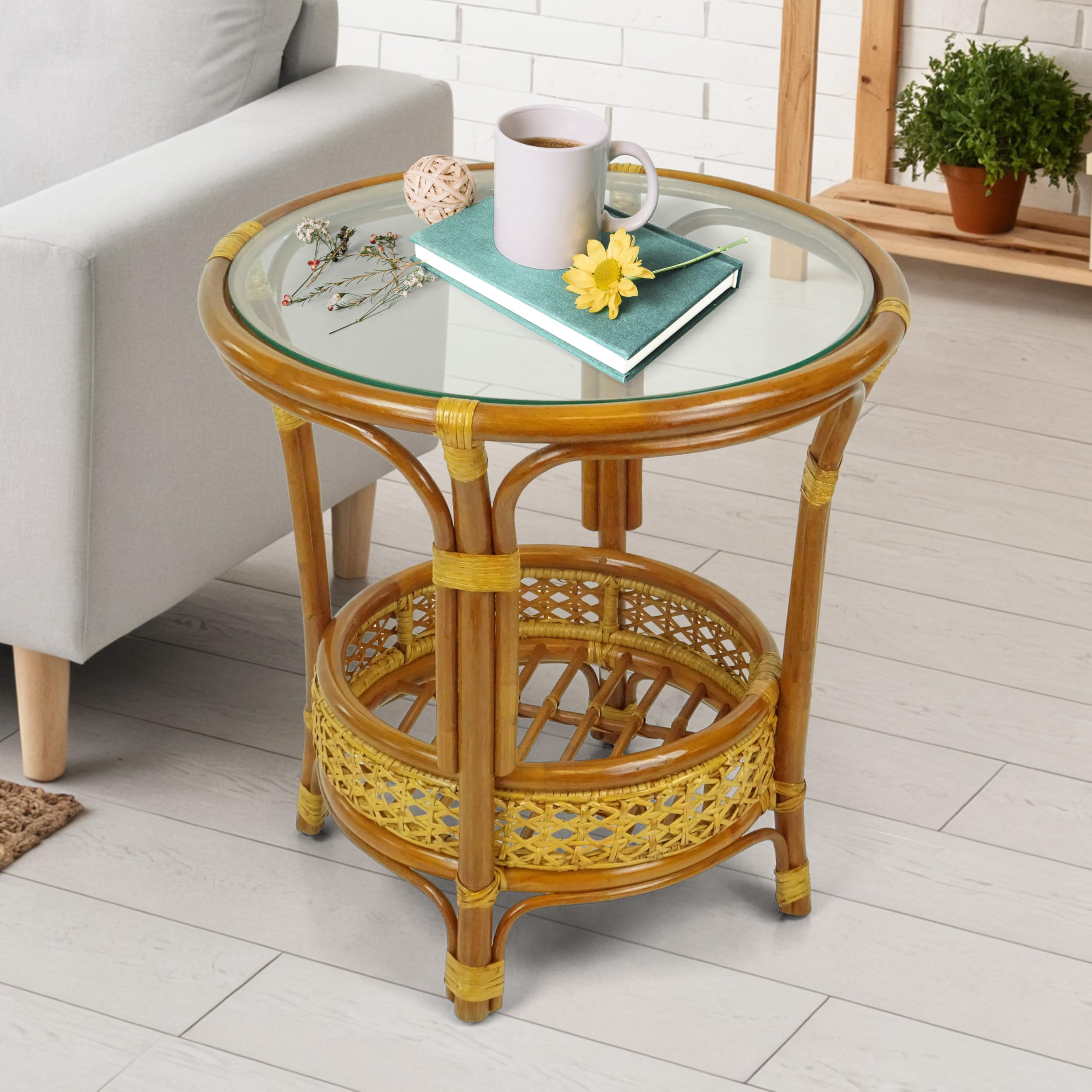 Handmade Coffee Pelangi Table – Natural Wicker Rattan With Glass Top, Cognac Finish
