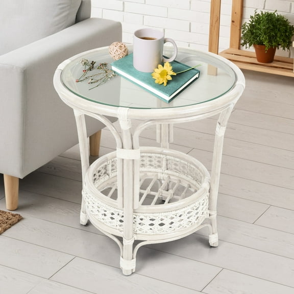 Pelangi Coffee Round Table Natural Rattan Wicker w/Glass Top Handmade, White