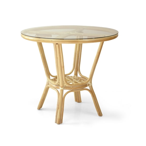 Pelangi Dining Round Table Natural Rattan Wicker with Glass Top Handmade, Natural