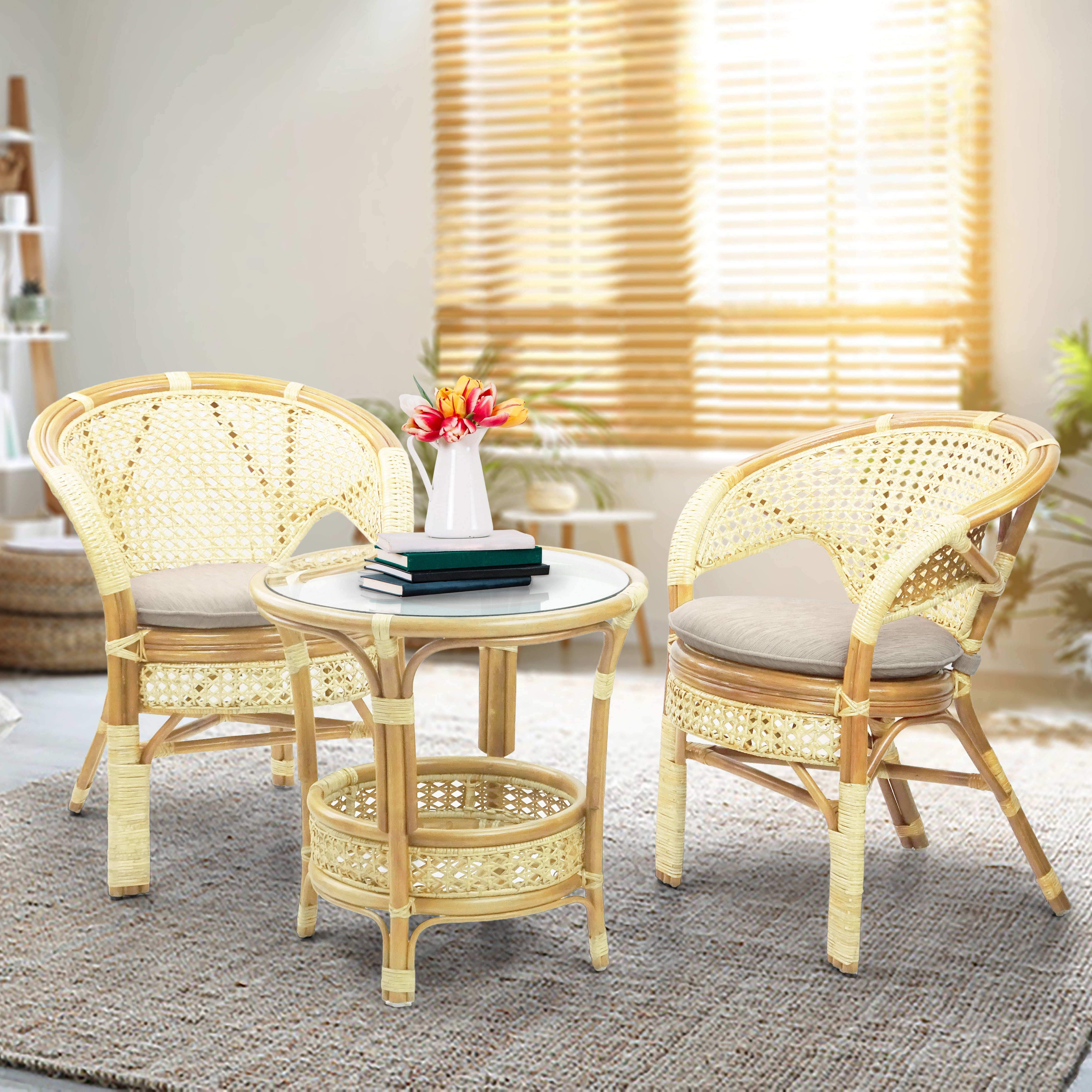 Pelangi Rattan Wicker 3 Pieces Set of 2 Chairs W/Cushions and Round ...