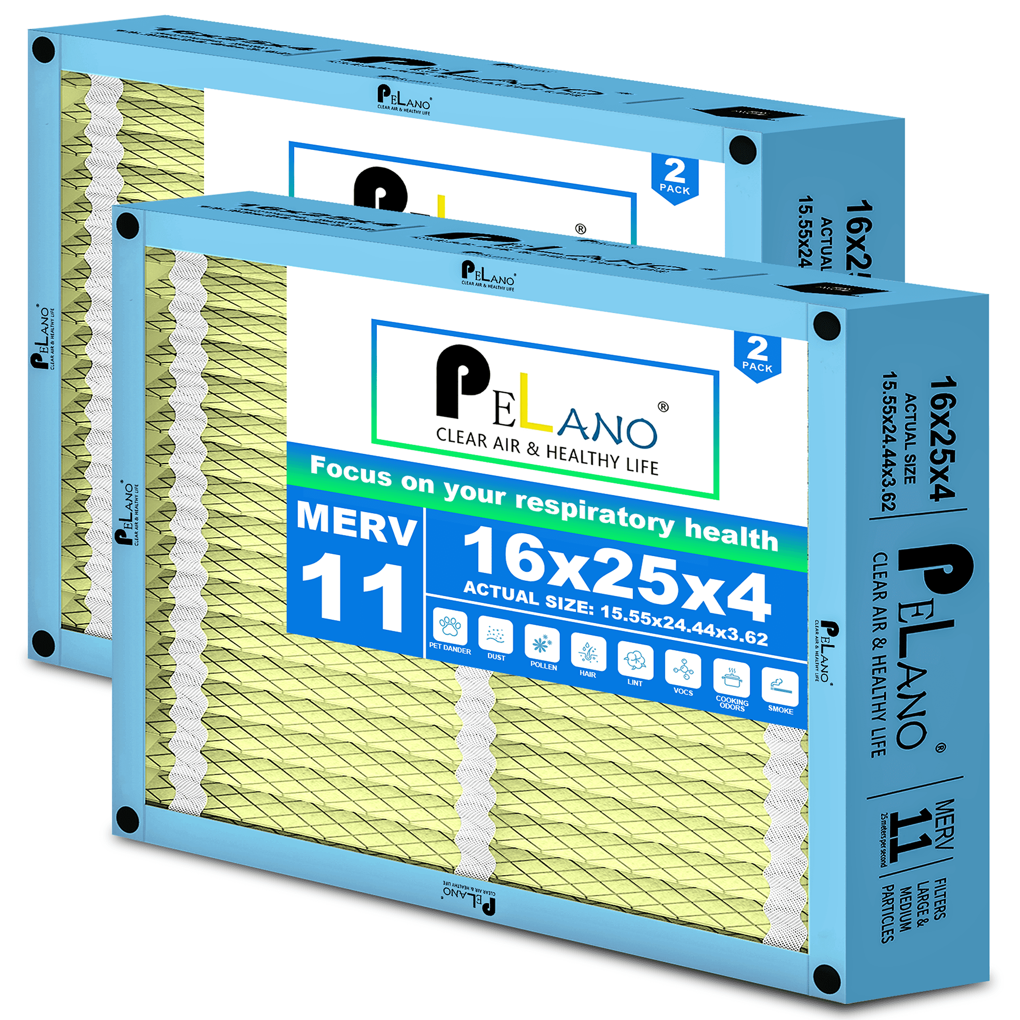 Pelano 16x25x4 HVAC Furnace Air Filter, MERV 11 Filters, Foldable Design, Actual Size: 15.55’’x24.44’’x 3.62’’-2PACK