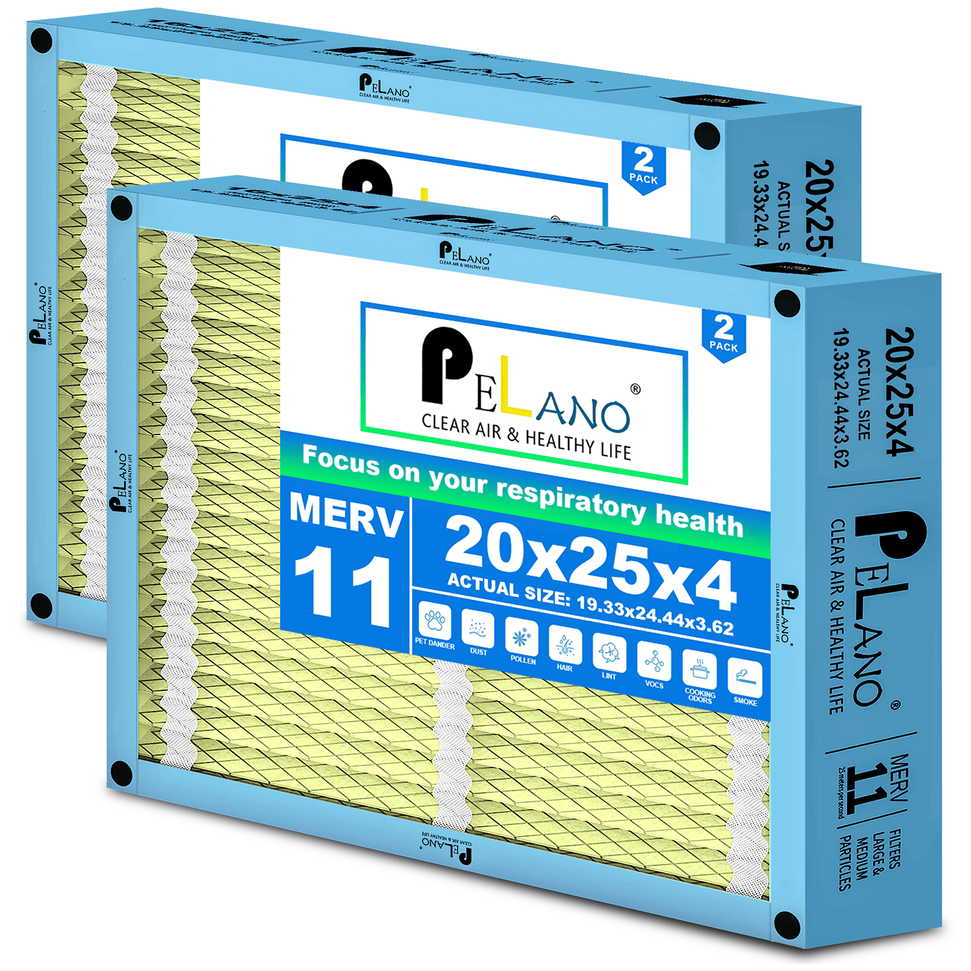Pelano 20x25x4 HVAC Furnace Air Filter, MERV 11 Filters, Foldable Design, Actual Size: 19.33’’x24.44’’x 3.62’’-2PACK