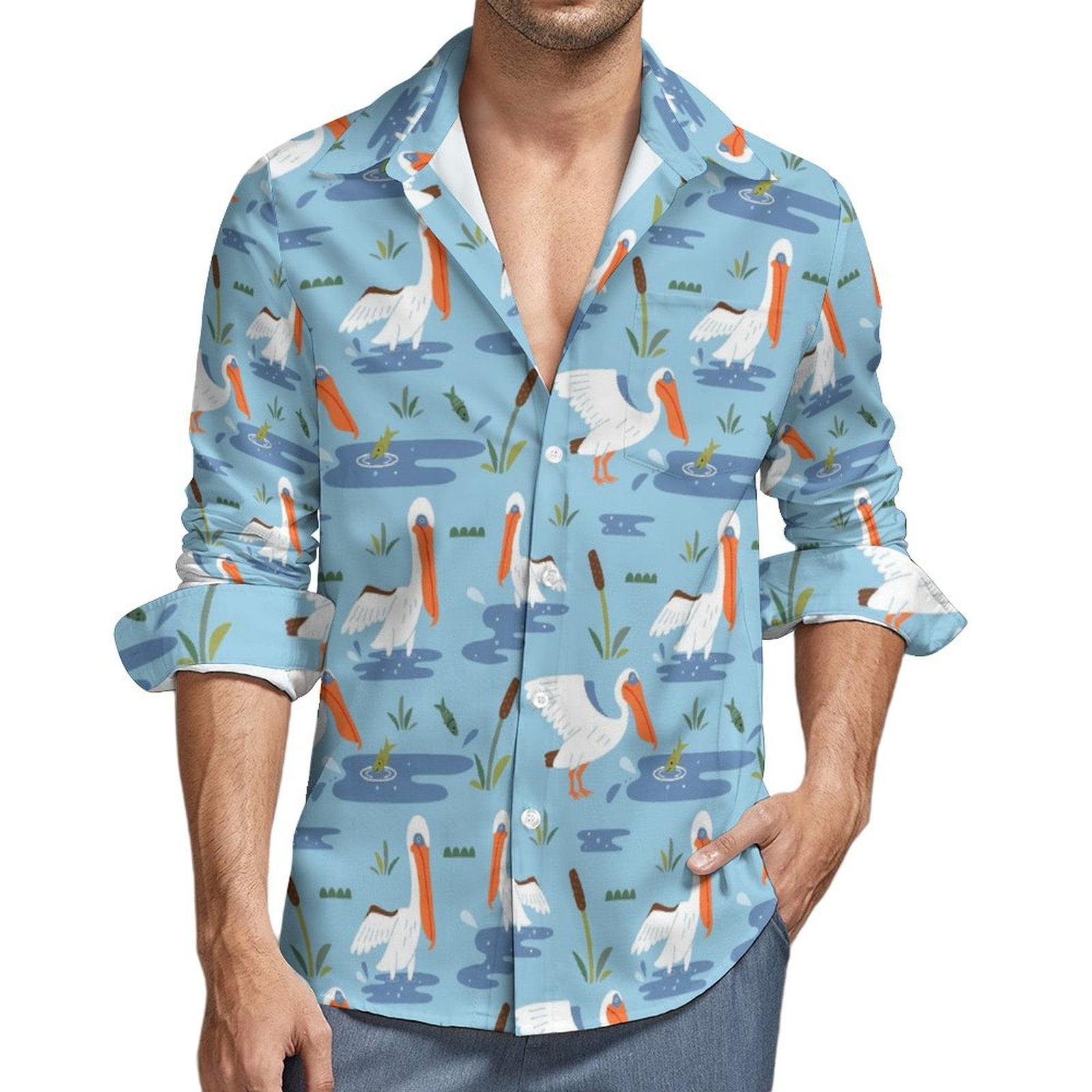Pelican And Fish Mens Long Sleeve Button Down Shirts, Casual