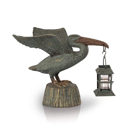 Pelican Antique Verdigris Green Metal Garden Sculpture with Lantern