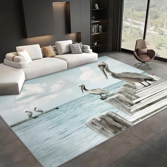 Pelican Area Rugs, Blue Caribbean Animal Pelican Carpet, Washable Non Slip Low Pile Soft Rug for Living Room Bedroom Dining Room Decor Mat 5x8ft