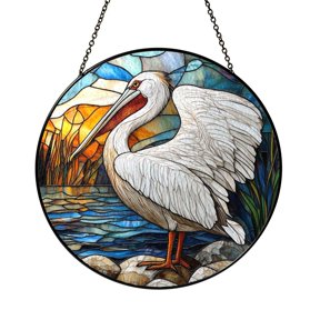 Pelican Bird Stained Glass Window Hanging, Ocean Inspired Coastal Decor