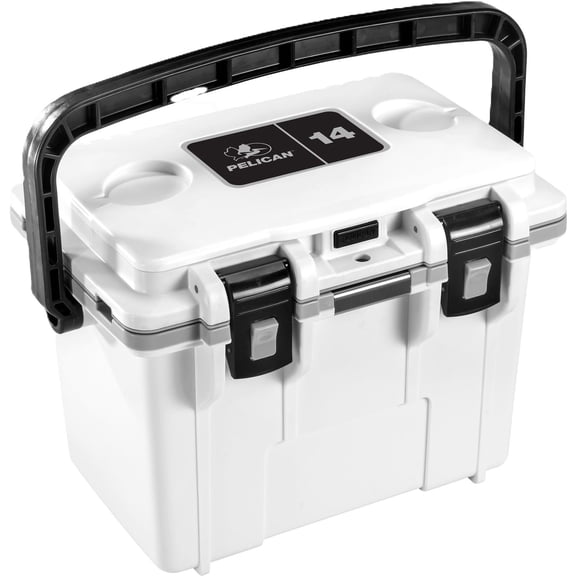 Pelican Elite 14 Qt Hard-Sided Cooler with Removable Tray, Bottle Opener, White with Gray