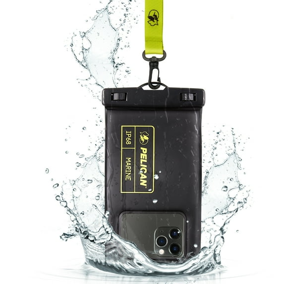 Pelican Marine IP68 Floating Waterproof Phone Pouch / Case (Regular Size) w/ Detachable Lanyard - Black/Yellow