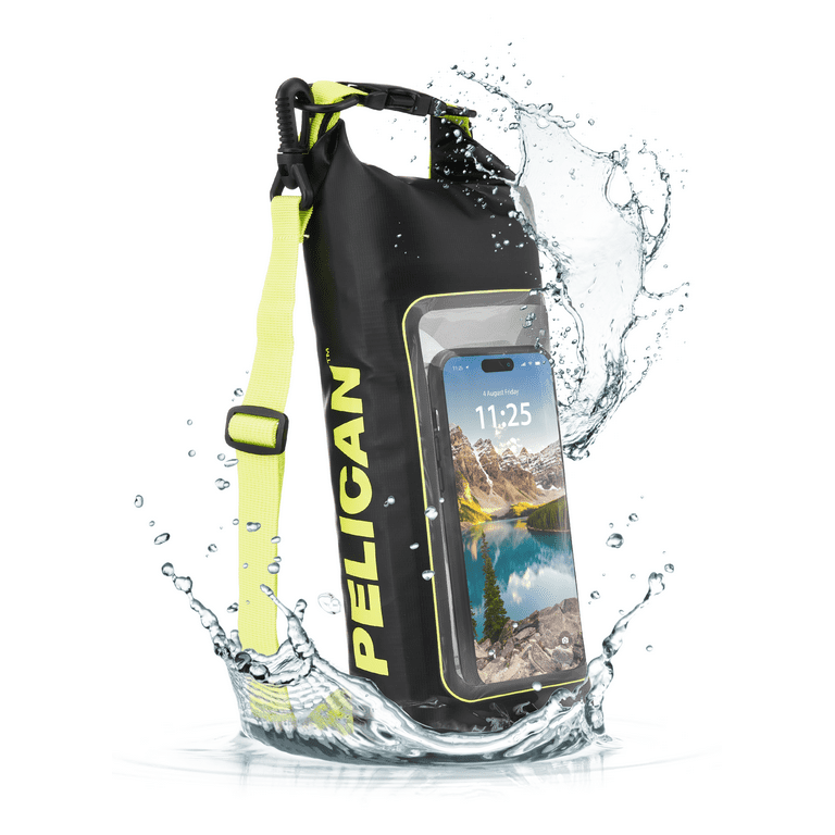 Pelican Marine IP68 Waterproof Dry Bag (2L) w/ Built-In Phone Pouch -  Travel, Kayak & Camping Accessories - Black/Yellow 