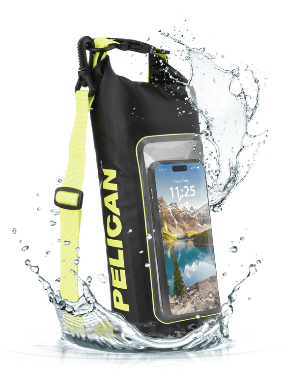 Pelican Marine IP68 Waterproof Dry Bag (2L) w/ Built-In Phone Pouch - Travel, Kayak & Camping Accessories - Black/Yellow
