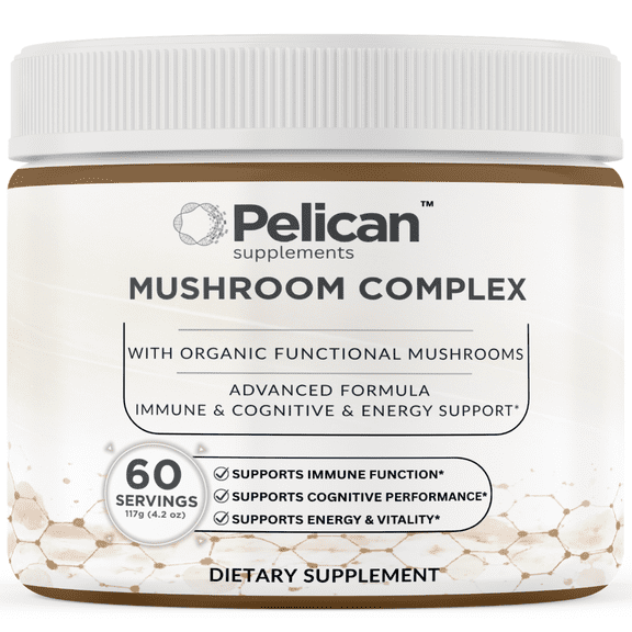 Pelican Mushroom Complex Powder Functional Mushroom Blend with Lions Mane, Reishi & Cordyceps Immune & Cognitive Wellness Support 117g