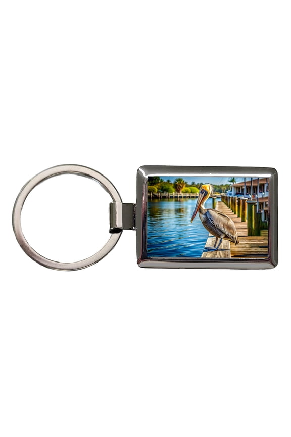 Pelican On Dock Metal Rectangle Keychain