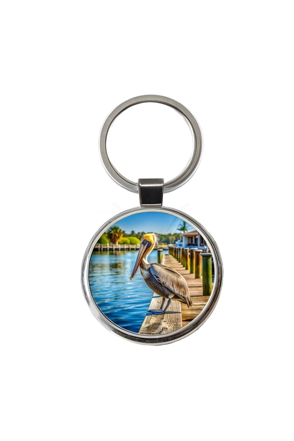 Pelican On Dock Metal Round Keychain