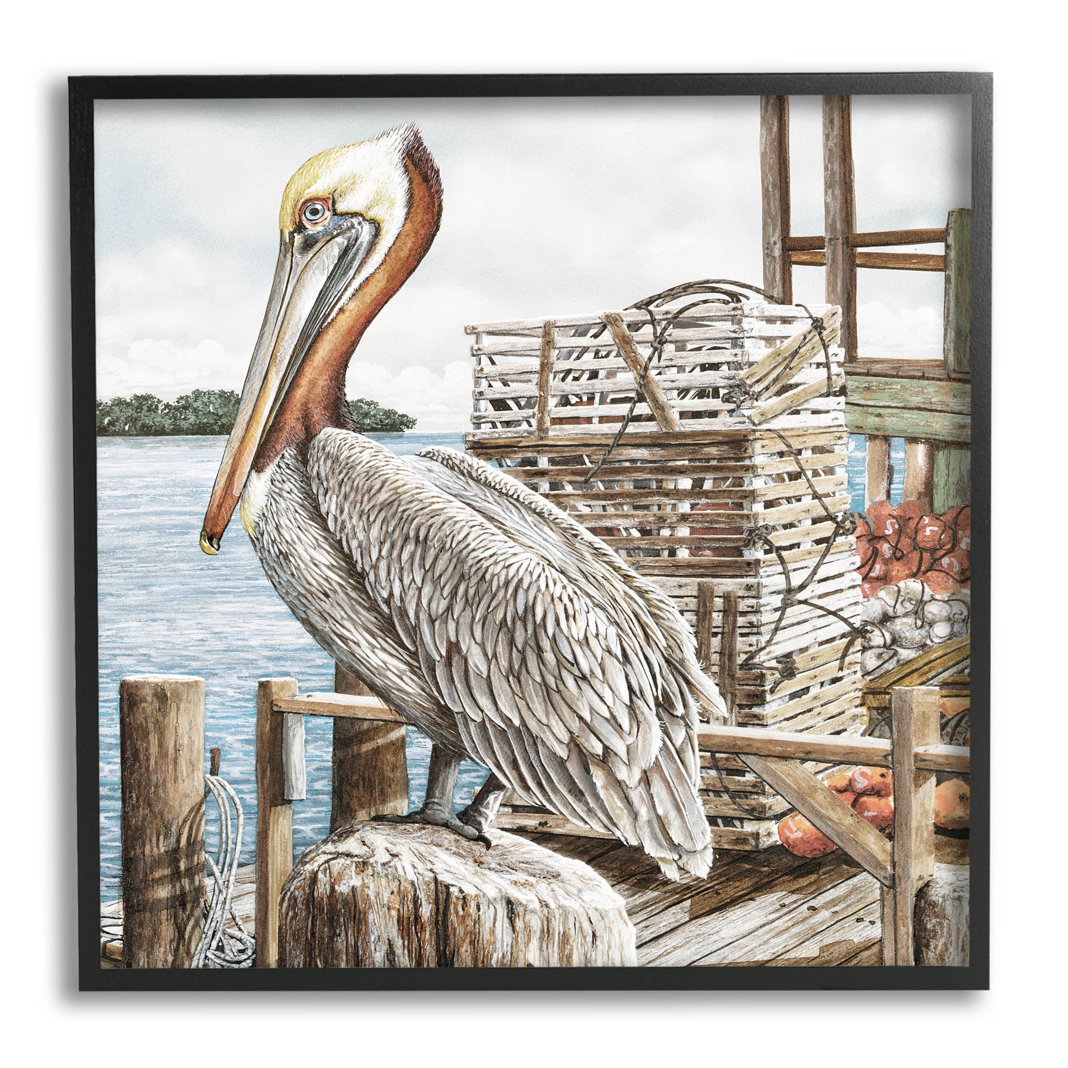 Pelican Perched Summer Fishing Dock Animals & Insects Painting Black Framed Art Print Wall Art