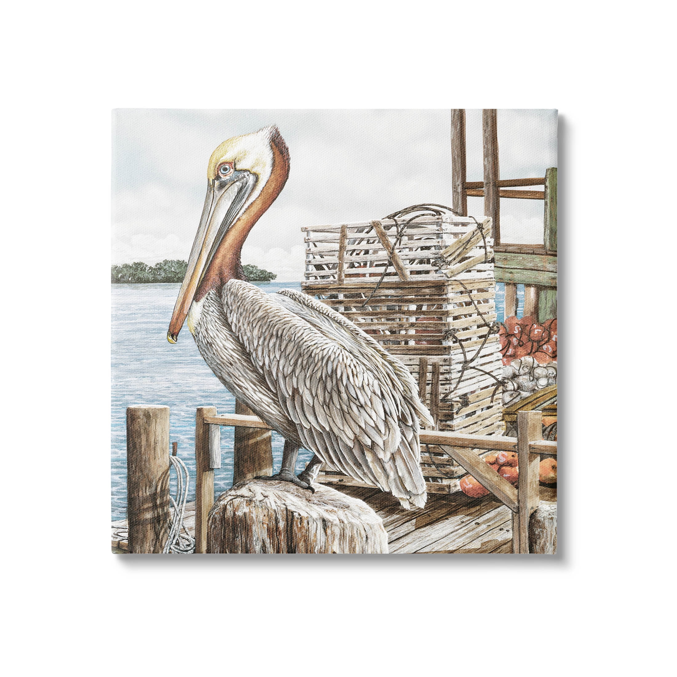 Pelican Perched on Fishing Dock Canvas Wall Art, 17" x 17"