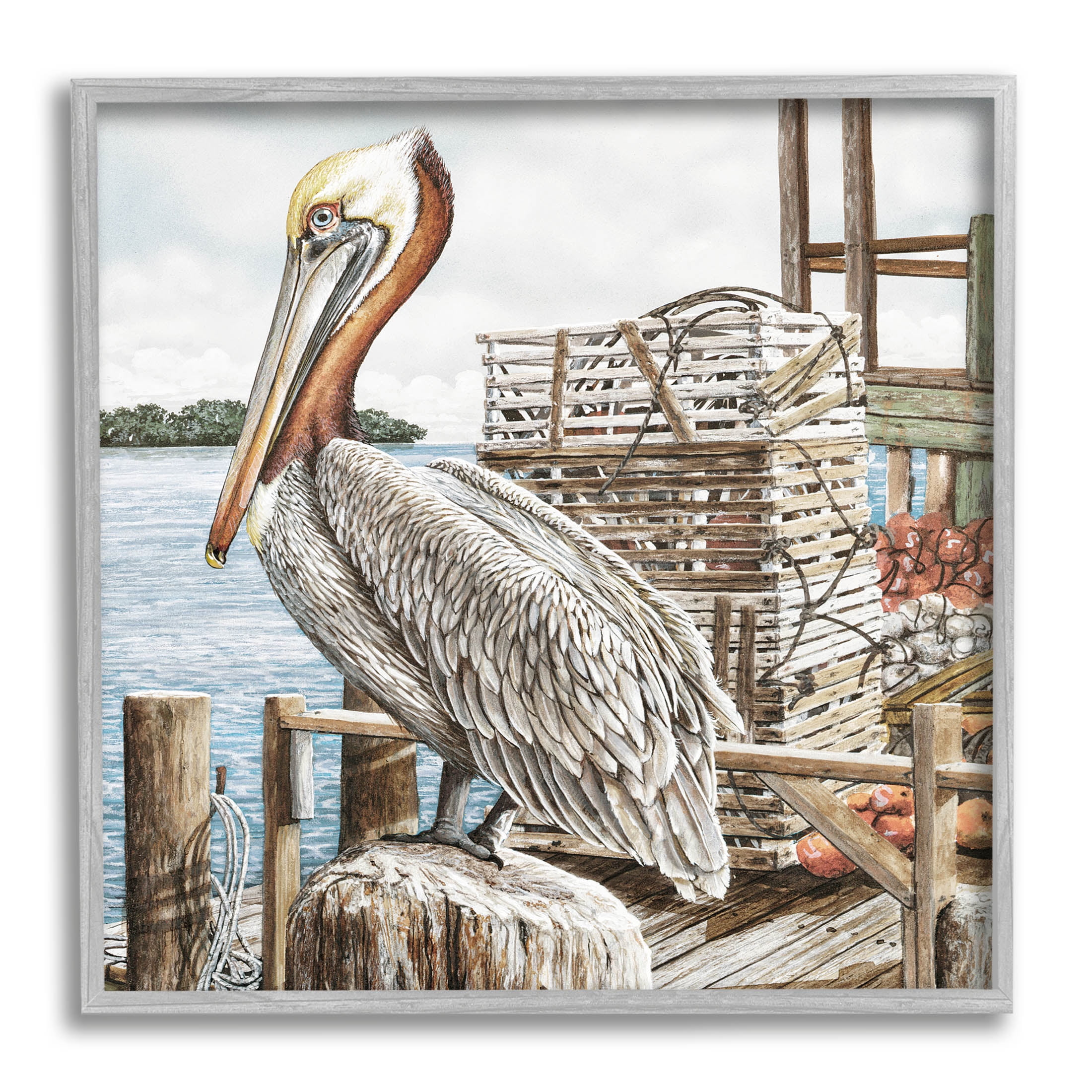 Pelican Perched Summer Fishing Dock Animals & Insects Painting Gray Framed Art Print Wall Art