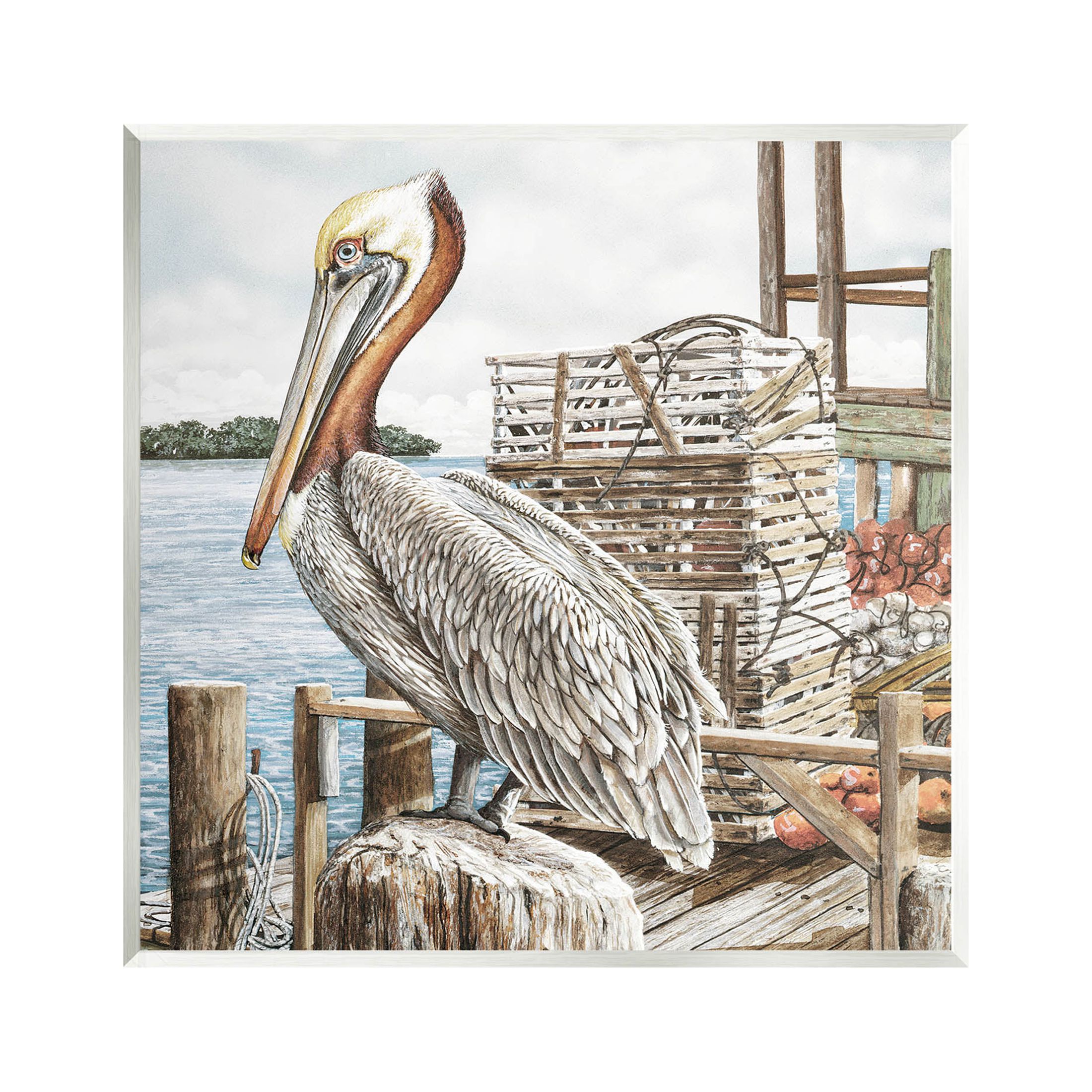 Pelican Perched Summer Fishing Dock Animals & Insects Painting Unframed Art Print Wall Art