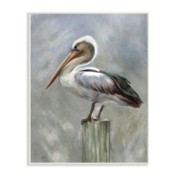 Stupell Industries Pelican Resting on Wooden Pillar Soft Grey,10 x 15,Designed by Heather Hayes