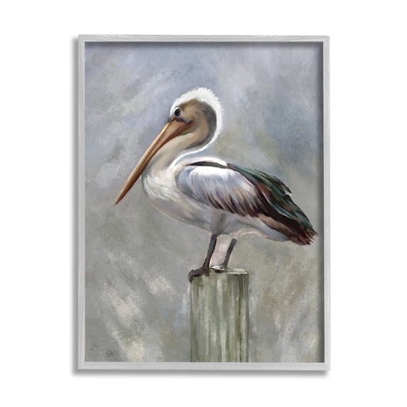 Pelican Resting on Wooden Pillar Soft Grey 11 in x 14 in Framed Painting Art Print, by Stupell Home Décor