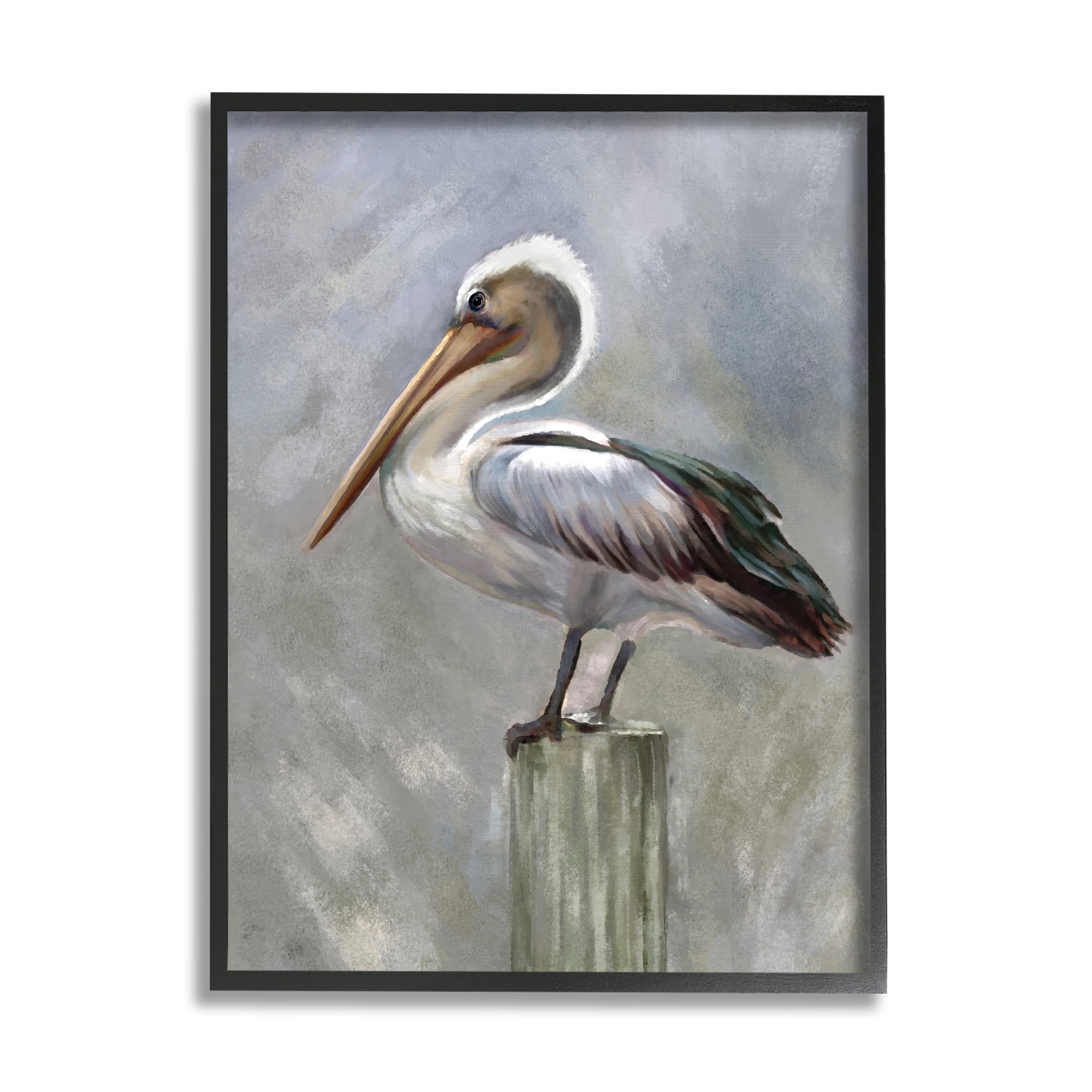 Pelican Resting on Wooden Pillar Soft Grey 16 in x 20 in Framed Painting Art Print, by Stupell Home Décor