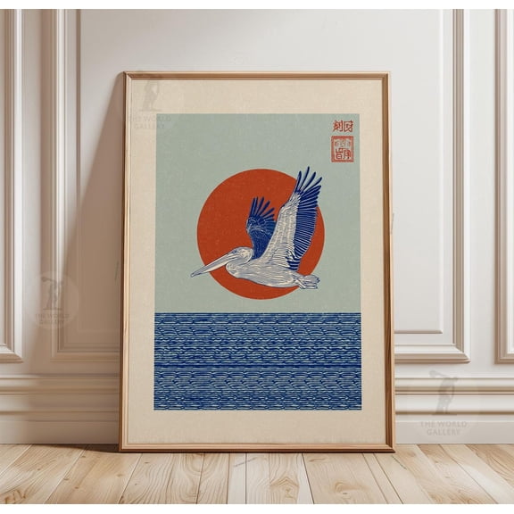 Pelican Sun Ocean Poster Japanese Style Blue Red Minimal Wall Art, Unframed Canvas