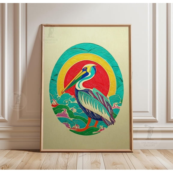 Pelican Sun Poster Tropical Ocean Scene Bold Linocut Bird Wall Art