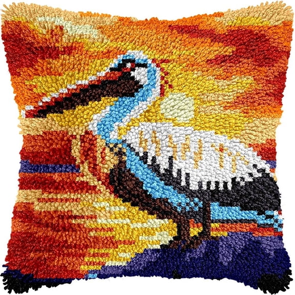 Pelican under Sunset Latch Hook Kits Pillow DIY Pillowcase Crochet Hook Cushion Making Kits with Preprinted Pattern Canvas Instruction Yarns Pillow Cover Easy Starter DIY Crochet Kits 43x43cmf206)