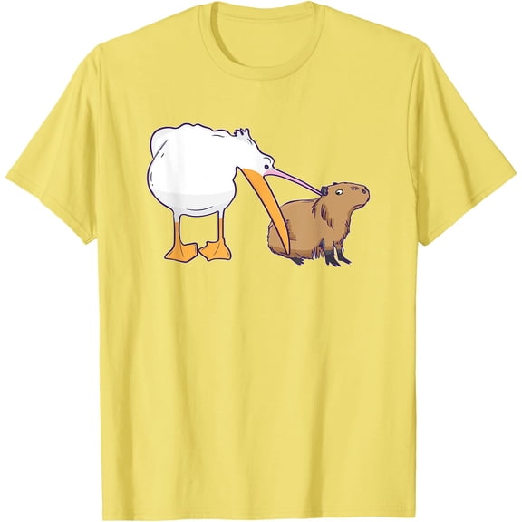 Pelican Tries to Eat Capybara Funny Cute Kawaii Meme Unisex T-Shirt for Men Women Kids Toddler,Cornsilk Color,Size 4XL