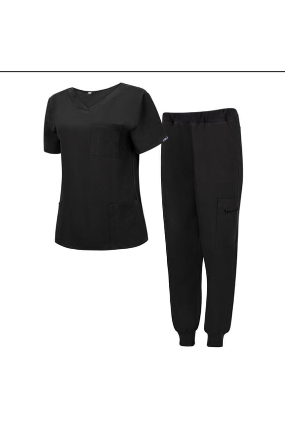 Women Nurse Uniform Scrubs Set, Medical Scrub Top and Pants - Black XS