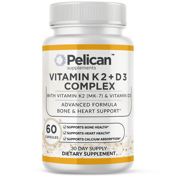 Pelican Vitamin K2 + D3 Complex  Bone & Heart Support Formula with MK-7 & Vitamin D3  60 Capsules
