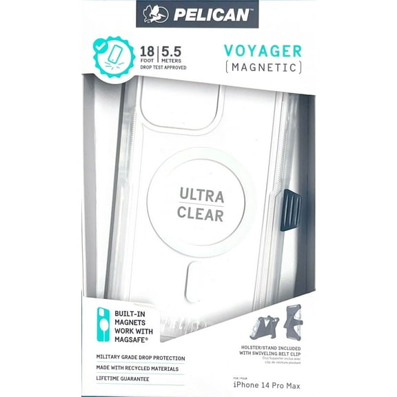 Pelican Voyager with MagSafe Case and Holster For iPhone 14 Pro Max, Clear
