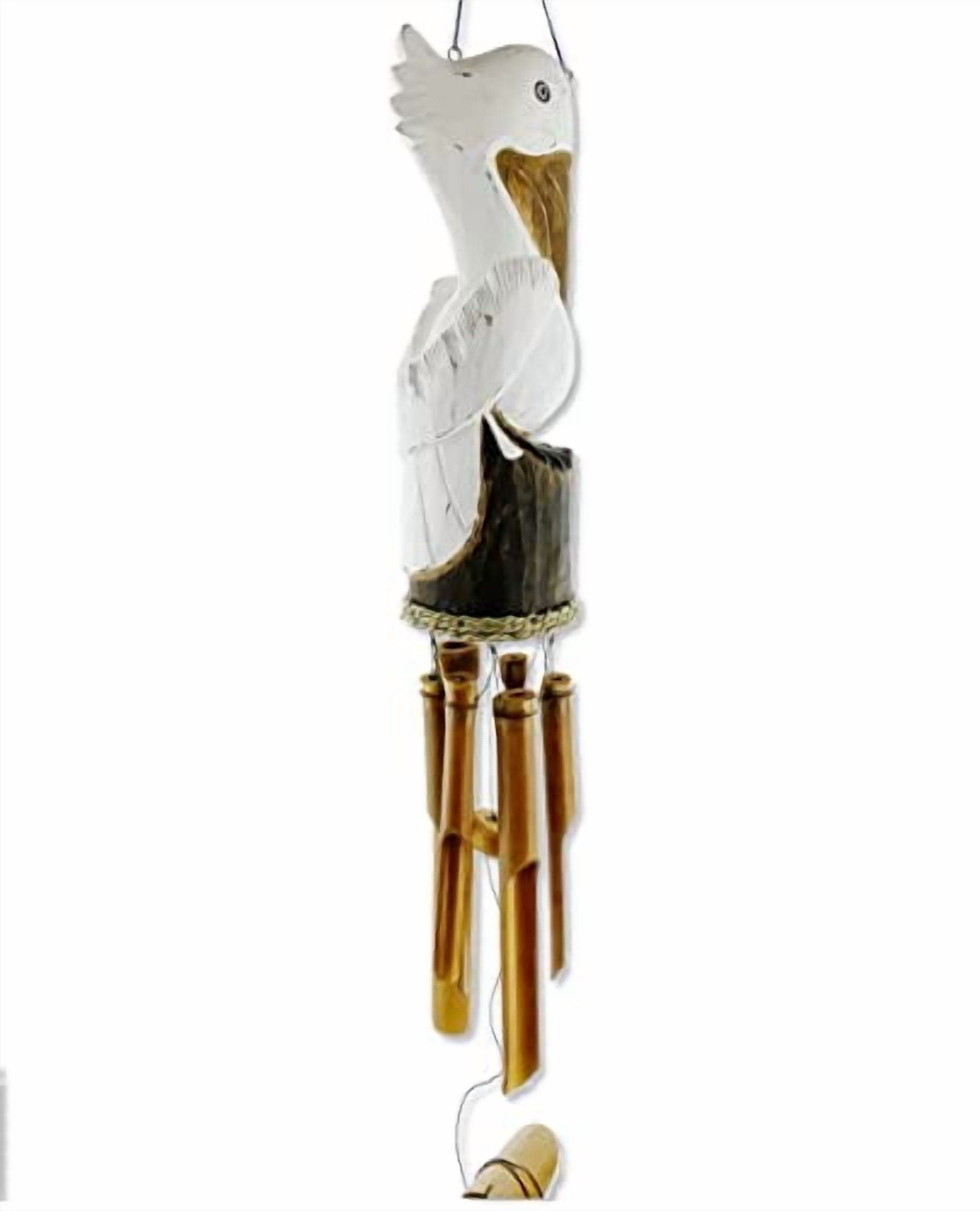 Pelican Windchime - Hand Carved Wood and Bamboo - Coastal Nautical Patio Décor Outdoor Wind Chime