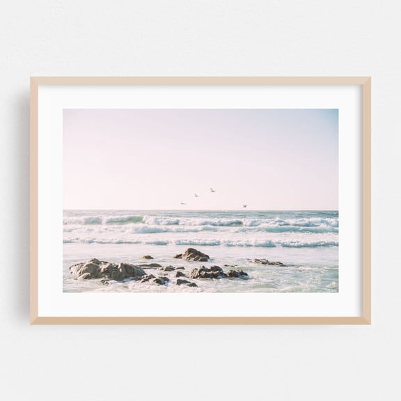 Pelicans Over Ocean - Monterey California Photography Ocean Waves Seascape Coast Beach Nature Minimalist Oak Framed Wall Art Print 5 x 7 inches