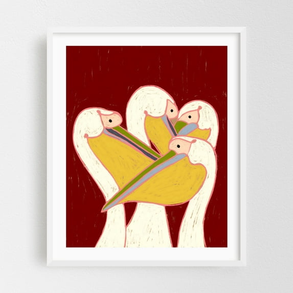 Pelicans of the Burgundy Sky - Painting Modern Art Abstract Pop Art Bird Wildlife Illustration Minimalist White Framed Wall Art Print 18 x 24 inches